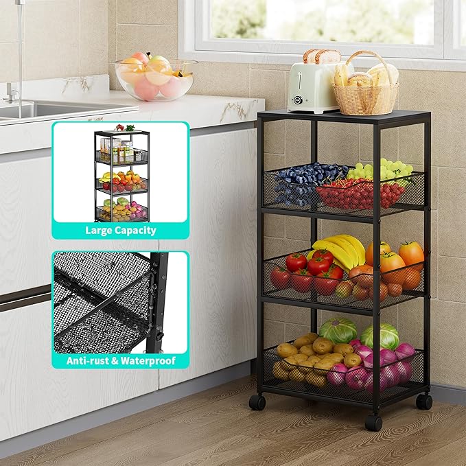 HapiRm Fruit Basket Kitchen Cart - 4-Tier Rolling Storage Cart with Wheels, Fruit Vegetable Basket with Wood Top, Pantry Utility Kitchen Organizer for Fruit Potato Onion Vegetable Bread Snack