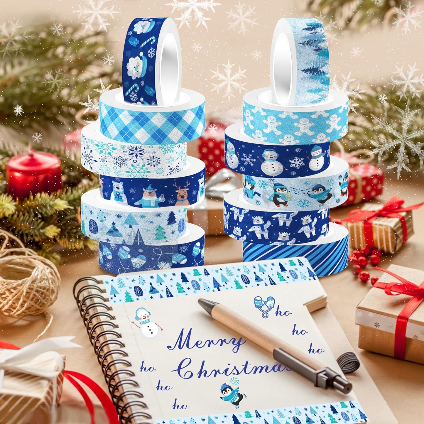 12 Pcs Christmas Washi Tape Blue Snowflake Print Masking Tape Frozen Pattern Decorative Paper Sticker for Christmas Party Holiday Scrapbook Handbook Sticker