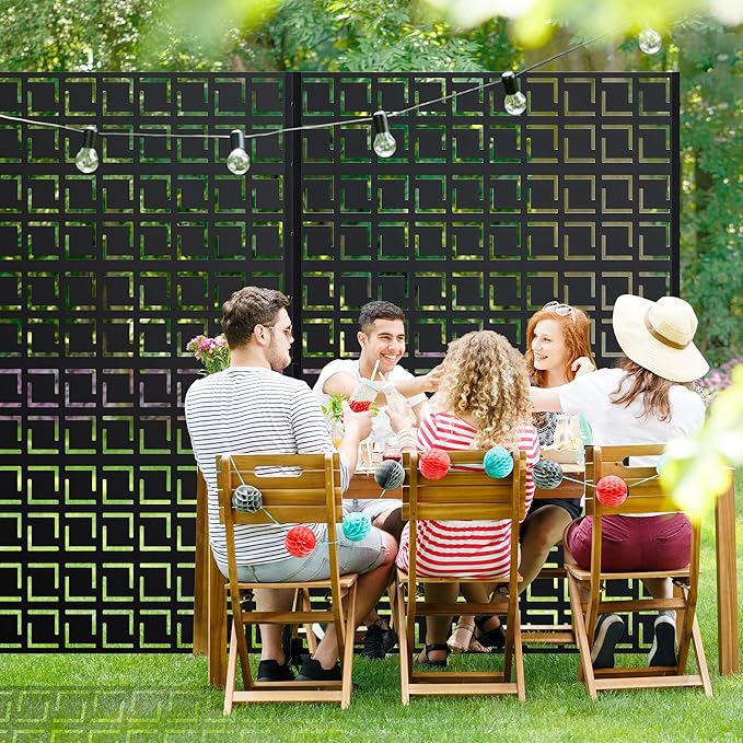 Casaphoria 72" H x 47" W Metal Privacy Screen, Outdoor Freestanding Decorative Divider for Patio, Deck, Balcony, and Garden with Stable Base, Black-Frederick