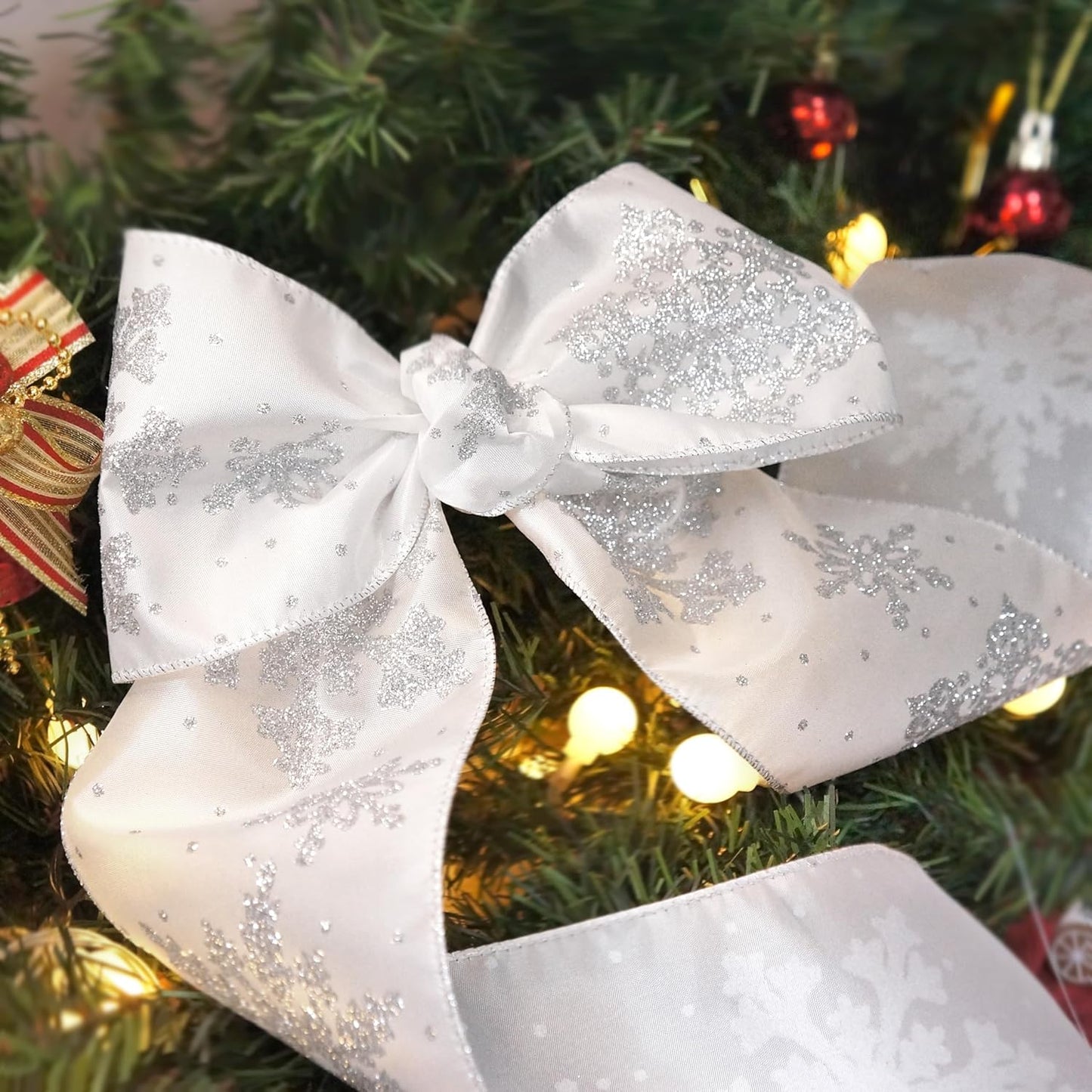 CT CRAFT LLC White Satin with Silver Snowflake Wired Ribbon 4 Inch x 10 Yards for Christmas Home Decor Tree Topper Bow Gift Wrapping DIY Crafts Wreath Garland