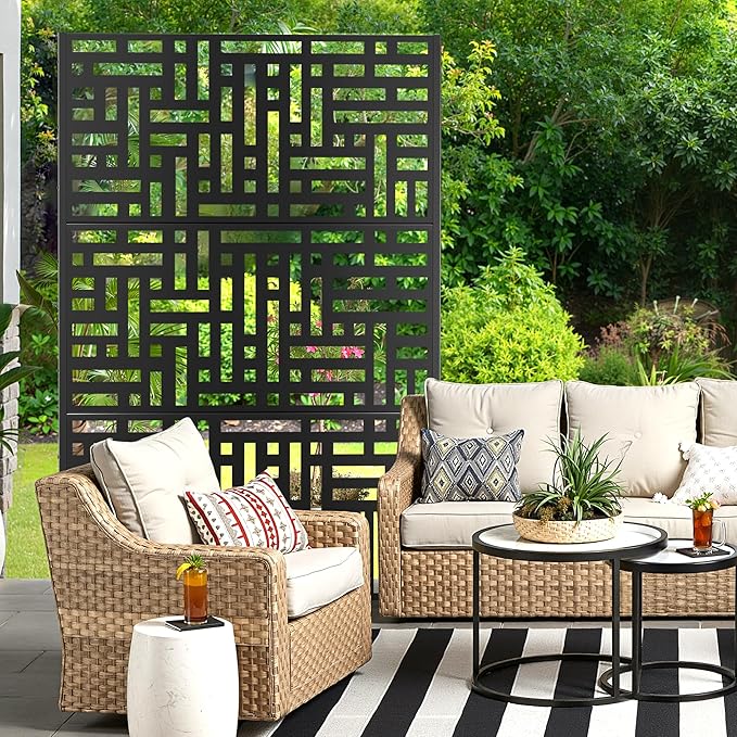 Metal Privacy Screen for Outdoor & Indoor Use, Free Standing Privacy Screen for Patio Garden Pool, 72" H x 47" W Decoative Privacy Panels, Weather Resistant, Easy Assembly (Black Street Floral)