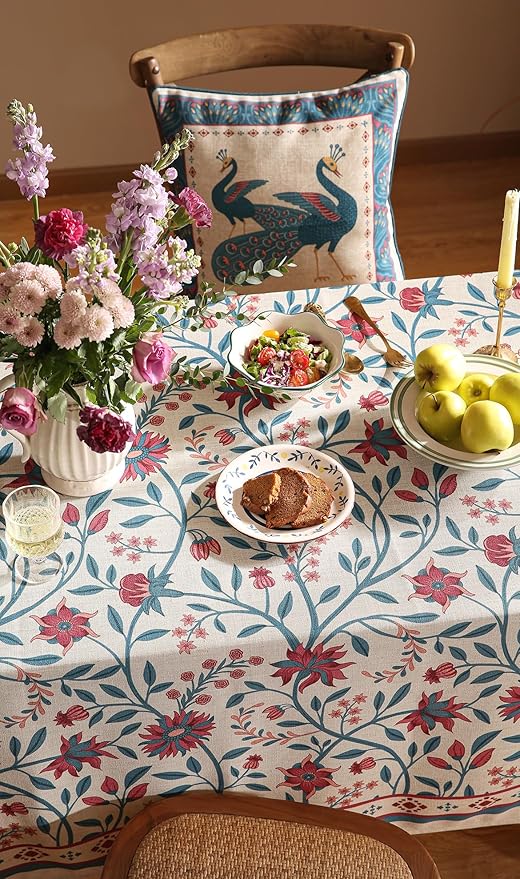 Designer Linen Long Rectangle Tablecloth,Vintage William Morris Wrinkle Resistant Floral Table Cloth,Decor Table Cover for Kitchen,Dining,Thanksgiving,Christmas,63"*94"-Dorodango B