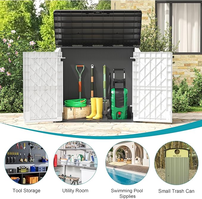 Horizontal Resin Storage Shed 36 Cu Ft with Lockable Doors, Portable Outdoor Storage Cabinet -Waterproof Outdoor Storage Box for Backyards, Easy to Assemble