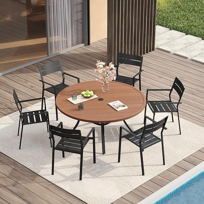 VICLLAX 47.2" Round Patio Table for 6, All Weather Metal Outdoor Dining Table with Adjustable Umbrella Hole, Walnut Wood-Like Tabletop
