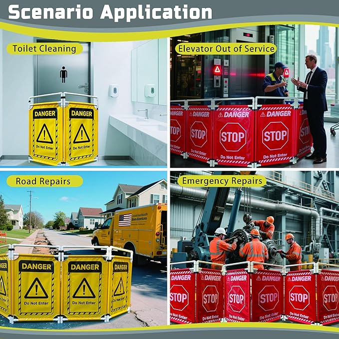 Safety Caution Barricade 3Panels Foldable Security Signs With PVC Tarp Removable Safety Barrier Wet Floor Guard Symbol Clear Printing Safety Fence(Yellow)