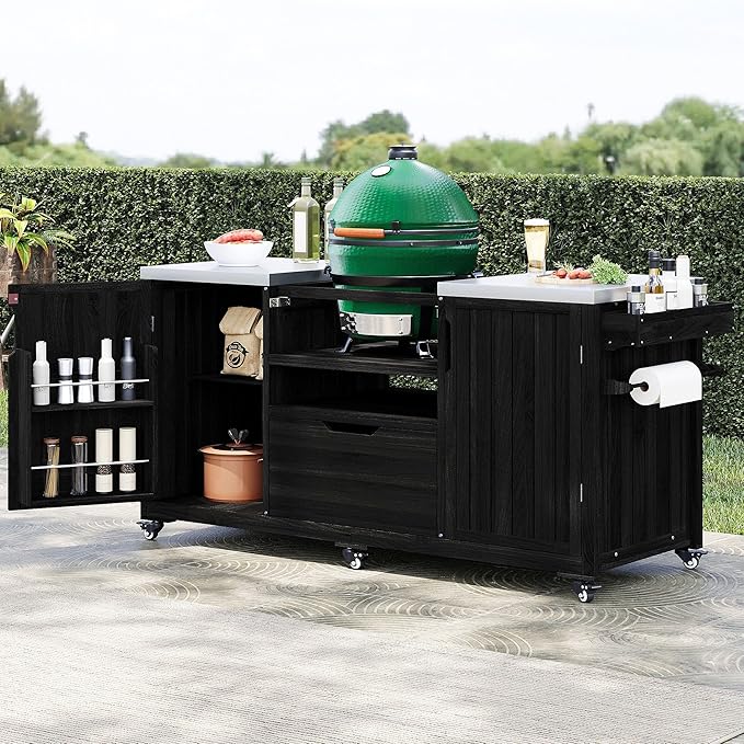 66.5" Outdoor Kitchen Island with Stainless Steel Top for Big Green Egg, Rolling Grill Cart with Adjustable Shelves, Lockable Wheels, Outdoor Table and Bar Storage Cabinet for Patio