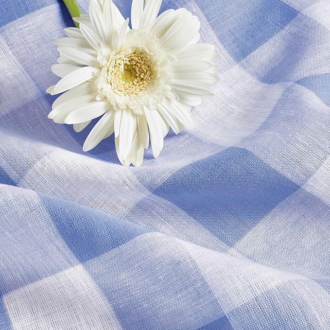 Solino Home Linen Checkered Table Runner 120 Inches Long - 100% Pure Linen Hydrangea Blue Buffalo Check Table Runner 14 x 120 Inch Ideal for Dining, Winter, Spring, Easter