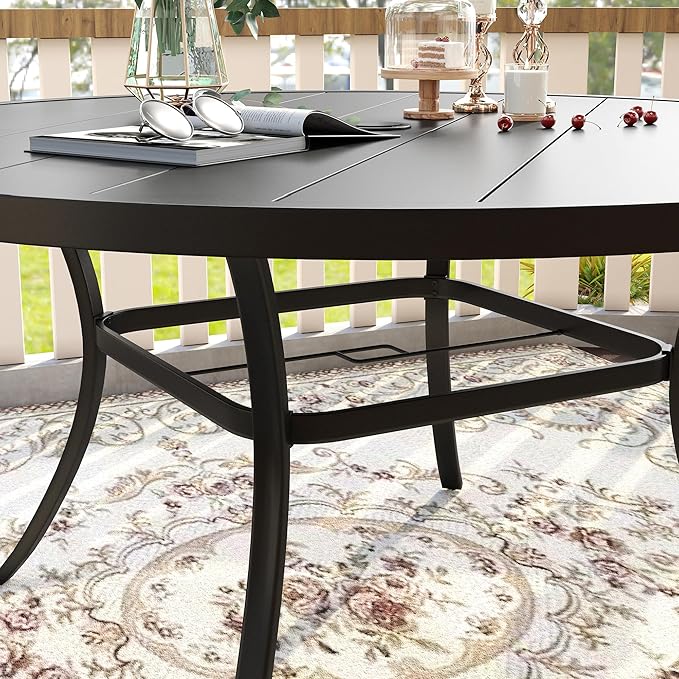 VICLLAX 60" Outdoor Round Patio Table for Lawn Garden, All Weather Metal Round Patio Dining Table with Adjustable Umbrella Hole, Outdoor Table for 8-10 Person, Black Tabletop