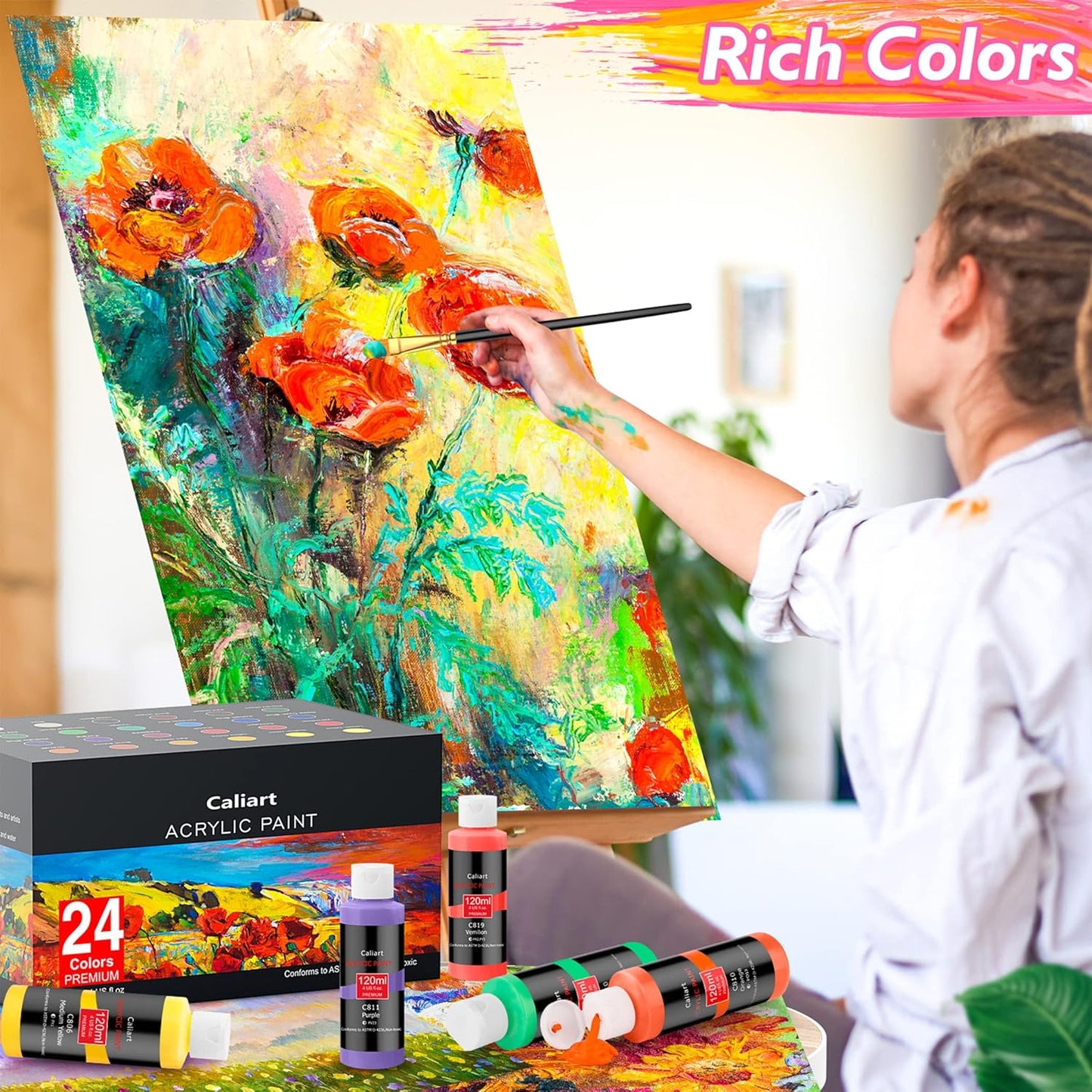 Caliart Acrylic Paint Set With 12 Brushes, 24 Colors (120ml, 4oz) Art Craft Paints for Adults Artists Beginners Painters, Canvas Ceramic Wood Rock Painting Art Supplies Kit