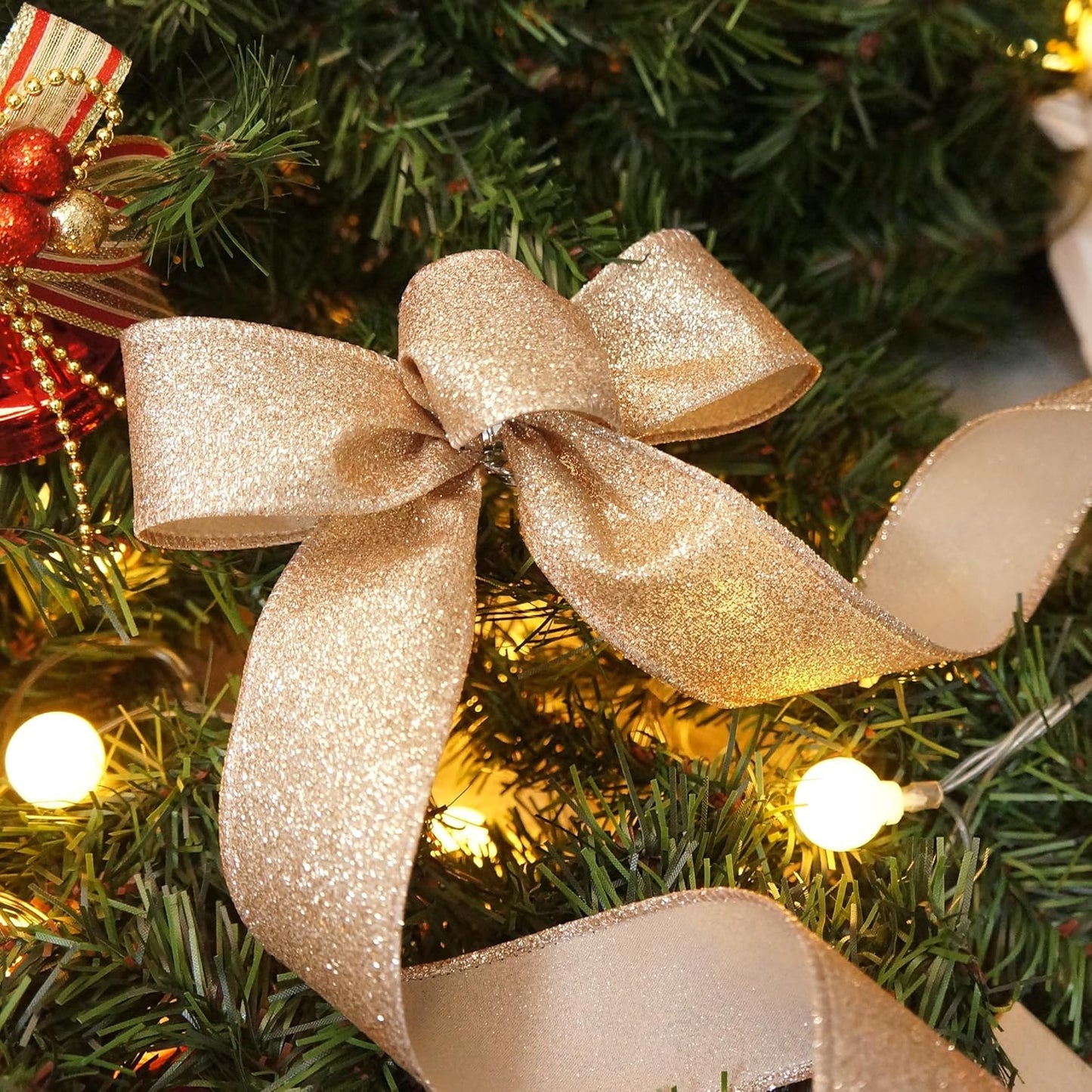 CT CRAFT LLC Glitter Wired Ribbon 1.5" x 20 Yards Gold (Champagne Gold) for Christmas Home Decor Bow Gift Wrapping DIY Crafts Wreath