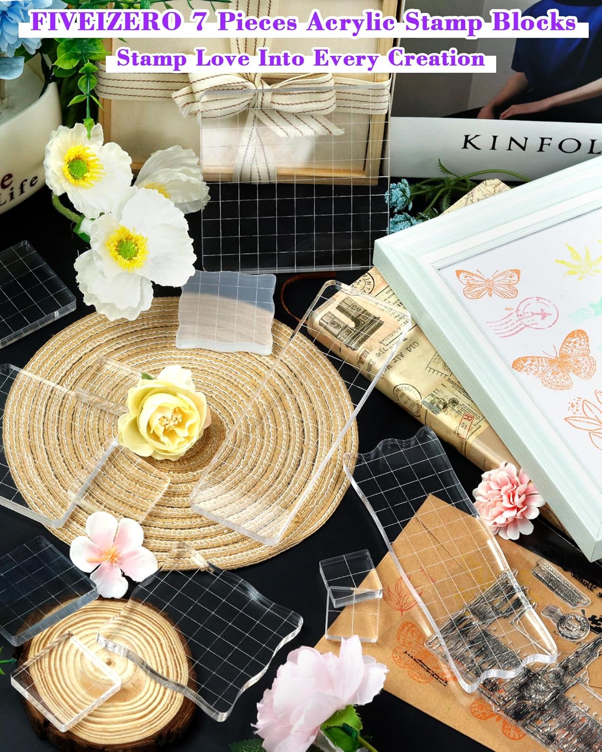 7 Pieces FIVEIZERO Acrylic Stamp Block, Assorted Sizes Clear Stamping Blocks Tools with Grid Lines for Scrapbooking Crafts Card Making and Decorative DIY Essential Stamping Tool(Lace Edge)