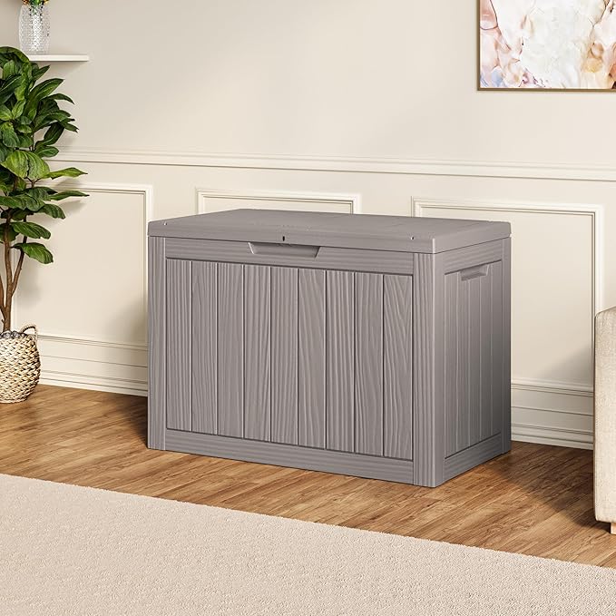 45 Gallon Outdoor Storage Deck Box Waterproof,Garden Tool,Backyard Cushion,Poolside Storage,Small Delivery Boxes for Outside,UV-Resistant & All-Weather,Wood-like Striped Gray