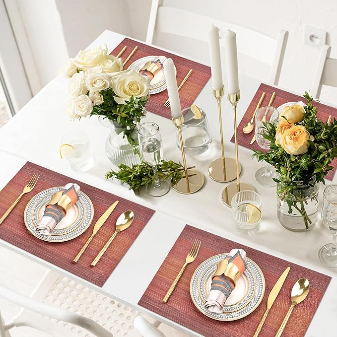 SLKQG Placemats Set of 8 - Easy Clean Washable Vinyl Placemats - Wipeable Heat Resistant Table Mats for Dining Table - 17.7x11.8 Inch (8, Red Gradient)