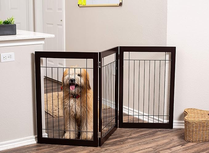 INTERNET'S BEST Dog Gate - Indoor Pet Safety Divider - Portable Free Standing Doggy Barrier for Stairs, Doorways, and Hallways - Tall Puppy Fence - No Drilling Needed - 3 Panel, 30 Inch - Espresso