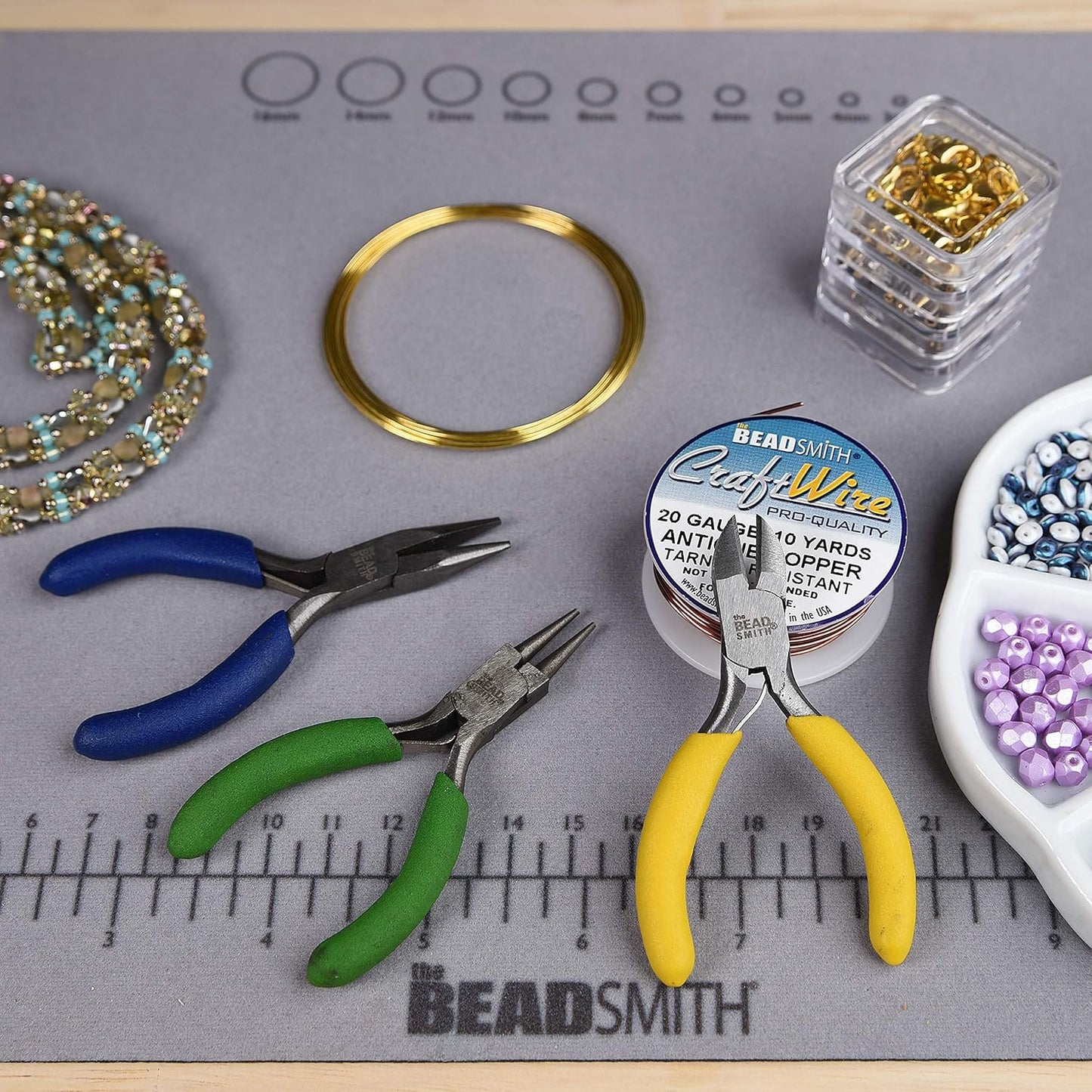 The Beadsmith Mini Color-ID Set – 3”, 8-Pieces Includes: Chain Nose, Round Nose, Side Cutter, Flat Nose, Nylon Jaw Flat Nose, Tweezers, Thread Snippers, Bead Scoop & Canvas Case – For Jewelry Making