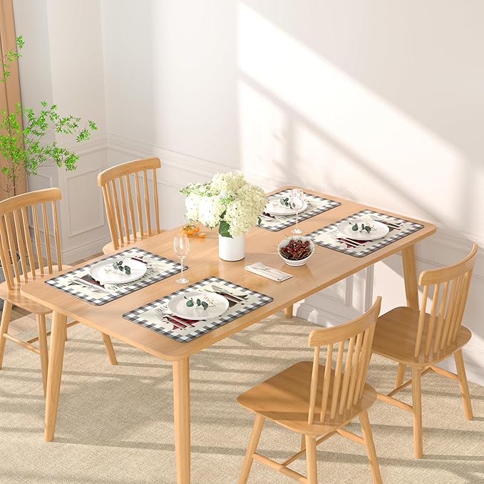 QIYI Christmas Placemats Set of 6, 12x18 Inch PU Leather Place Mats for Kitchen Dinning, Heat Resistant Anti Slip Buffalo Plaid Table Mats, Waterproof Washable Placemat Party Table Décor, Xmas Trees