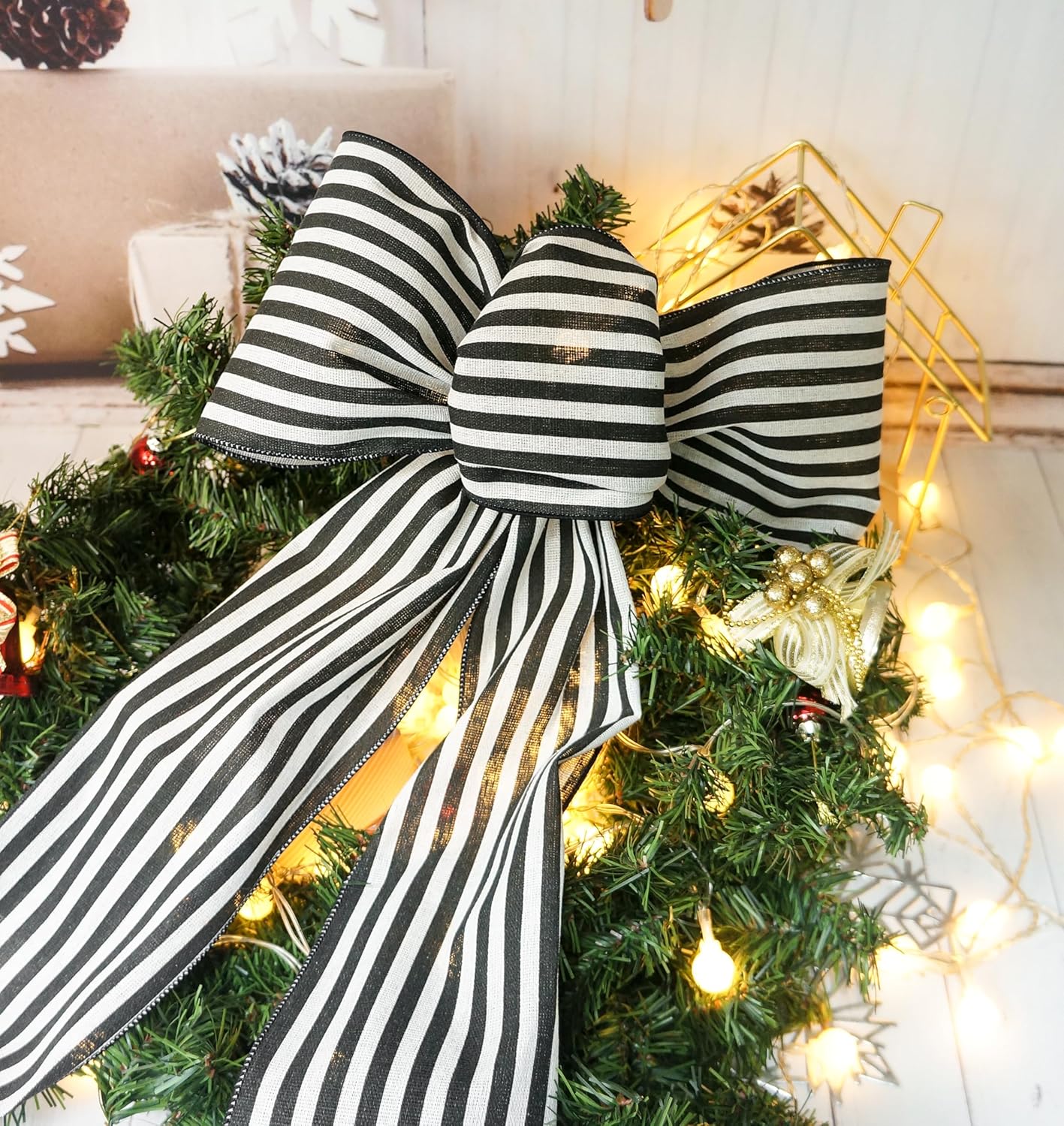 CT CRAFT LLC Striped Canvas Cotton Ribbon 6" x 10 Yards Ivory/Black Stripes for Thanksgiving Christmas Home Décor Gift Wrapping Outdoor Tree Topper Bow Wreath