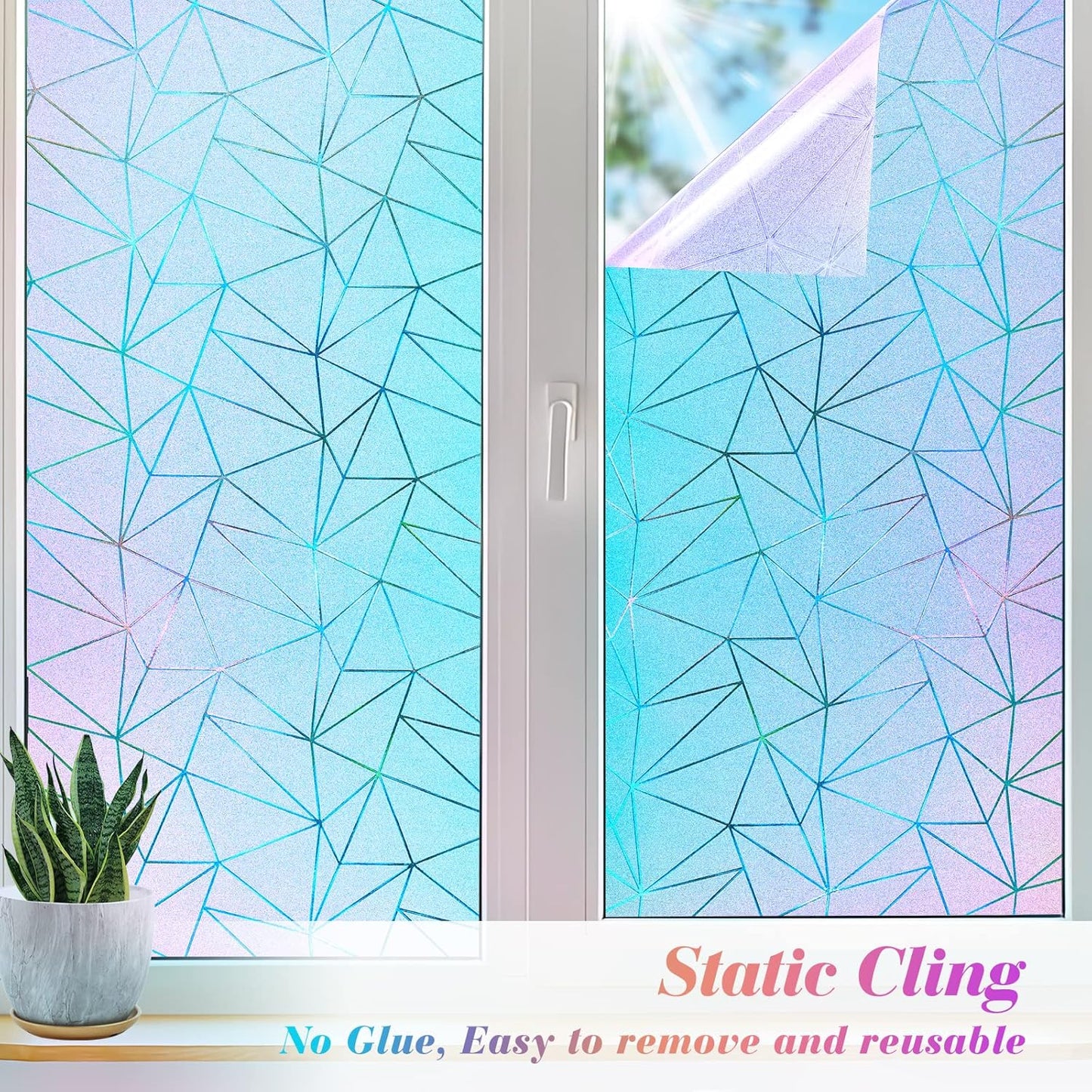 Coavas Rainbow Window Privacy Film, Frosted Glass Static Cling, Decorative for Bathroom Door, UV Blocking Window Cling, Non-Adhesive Vinyl Sticker, Day and Night Windows Tint for Home,23.6x118.1 inch