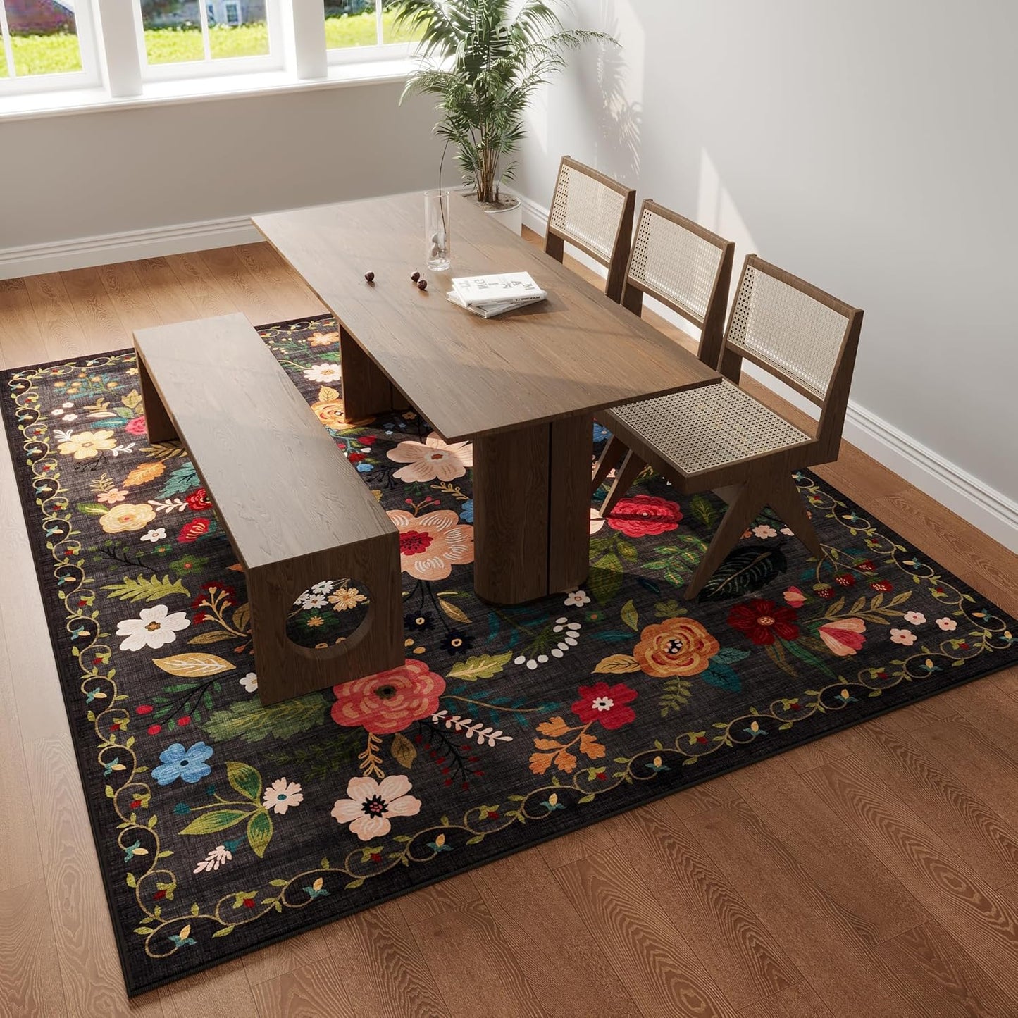 Rugcomf Living Room Rug 6x9 Rug Machine Washable Boho Area Rug Non Slip Floral Vintage Low Pile Large Rug for Living Room, Bedroom, Farmhouse, Dining Room, Kids Playroom(Black)