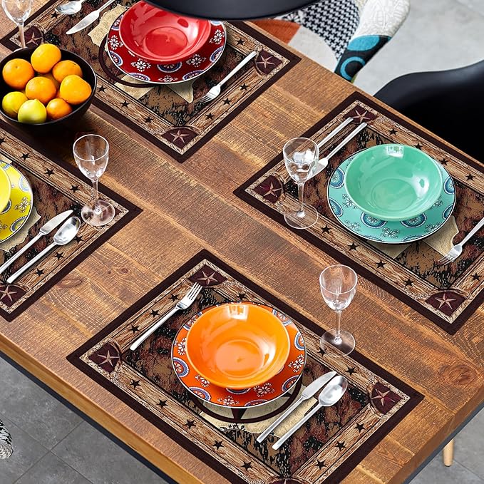 Giwawa Texas Stars Placemats Set of 4, Rustic Western Style Brown Wood Linen Table Mat 12x18 Inch, Vintage Cabin Primitive Decorative Washable Place Mats for Kitchen Dining Desktop Tabletop
