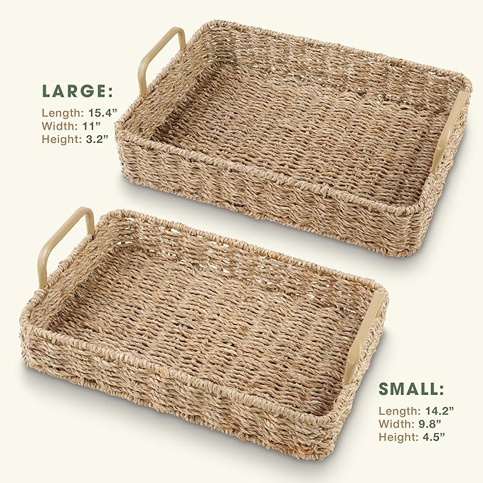 Set of 2 Rectangular Seagrass Trays with Handles - Decorative Trays for Coffee Table, Ottoman, Dining Room, Living Room