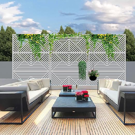 Casaphoria 72" H x 47" W Metal Outdoor Privacy Screen, Freestanding Decorative Divider for Patio, Deck, Balcony, and Garden with Stable Base, White Zodiac