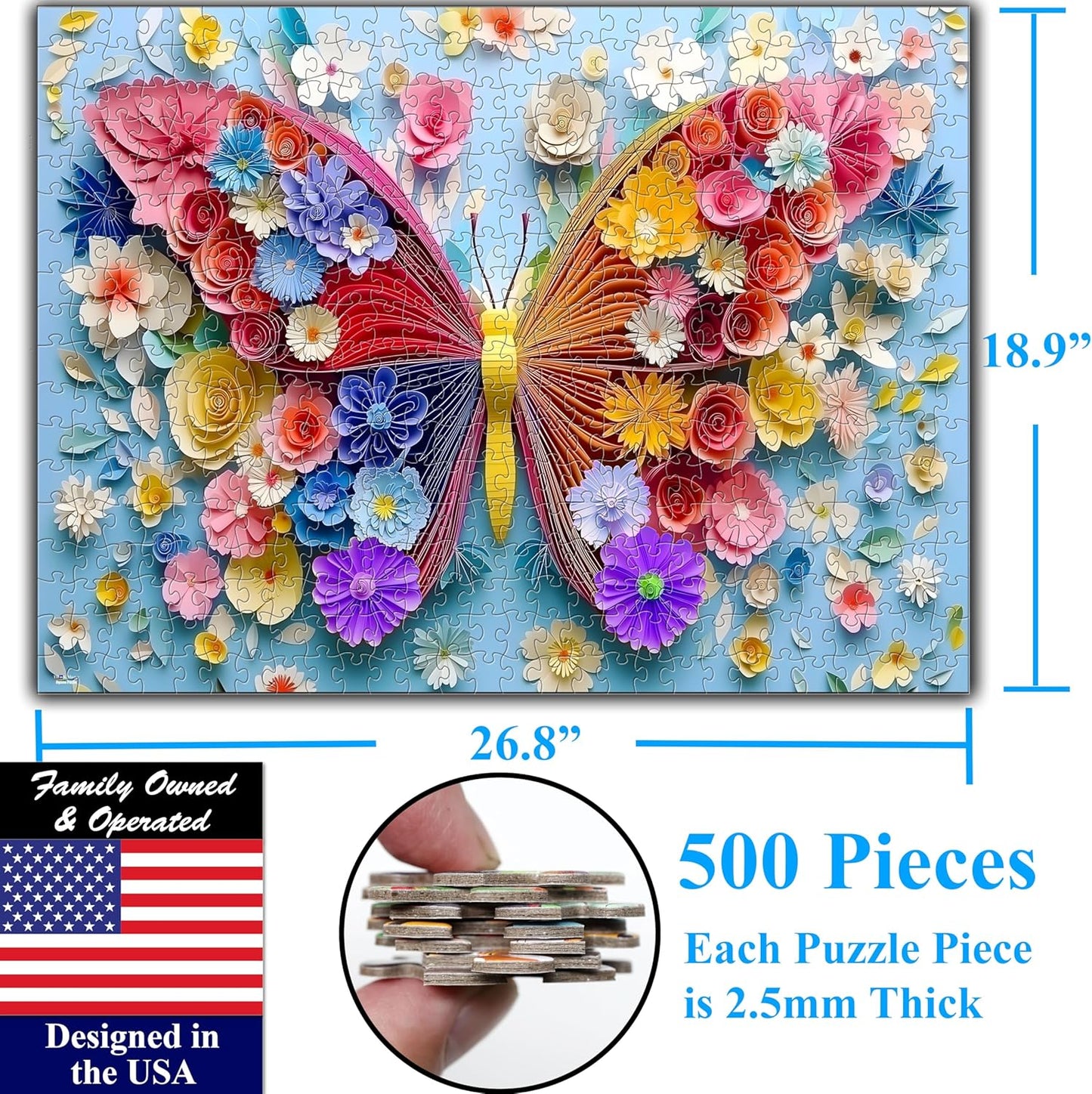 Think2Master Colorful Vibrant Flower Butterfly 500 Pieces Large Format Jigsaw Puzzle: Kids 12+, Teens, Adults & Families. Paper Art High Resolution. Great Gift. Size: 26.8” X 18.9”