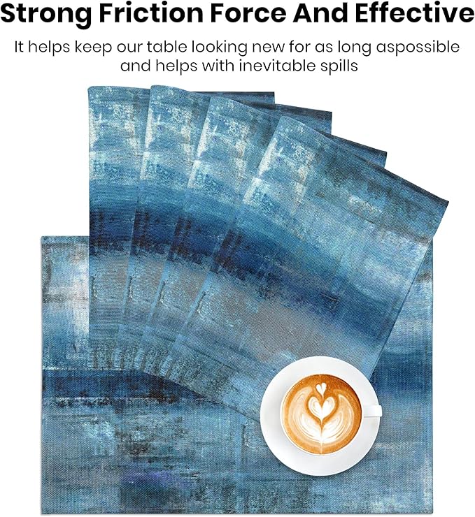 Modern Art Placemats Set of 4 Blue and Grey Abstract Painting Place Mats Washable Linen Placemat for Kitchen Dining Table Home Party Dinner Decor 18x12 Inches