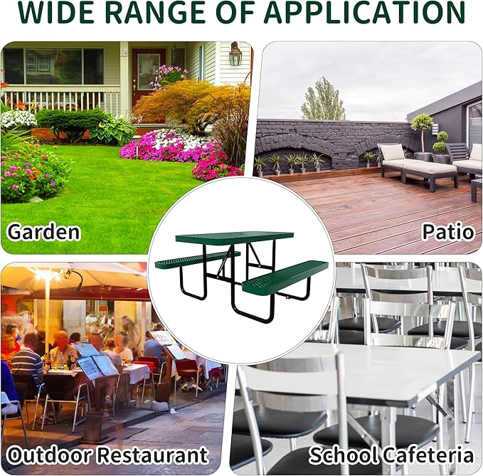 4FT Picnic Tables for Outdoors, Rectangular Commercial Metal Picnic Table Bench Set with Umbrella Hole,Heavy Duty Steel Weather-Resistant Dining Table for Patio Dining Garden Backyard BBQ School