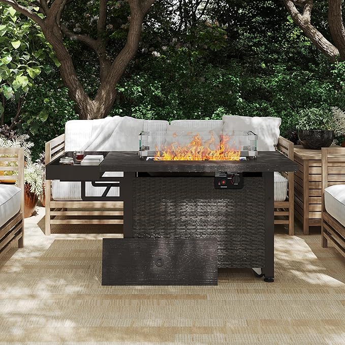 52 Inch Wicker Patio Fire Table, 50,000BTU Propane Fire Pit Table with Glass Wind Guard, Side Basket, Cover and CSA Certified, Outdoor Fire Pit for Garden, Backyard, Balcony, Poolside, Brown