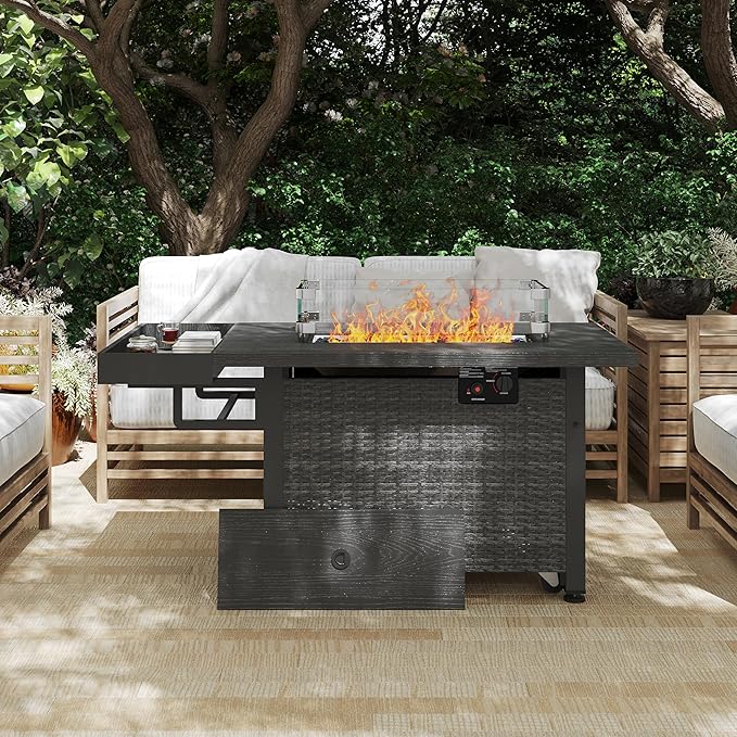 52 Inch Wicker Patio Fire Table, 50,000BTU Propane Fire Pit Table with Glass Wind Guard, Side Basket, Cover, CSA Certified, Outdoor Fire Pit for Garden, Backyard, Balcony, Poolside, Grey