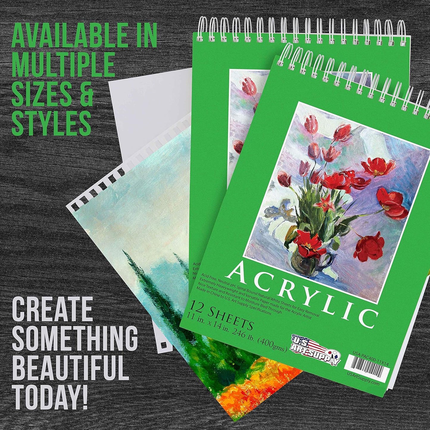 U.S. Art Supply 11x14 Premium Heavy-Weight Acrylic Painting Paper Pad, 246lb (400gsm), 2 Pack, 12 Sheets, Spiral Bound, for Acrylic Paint