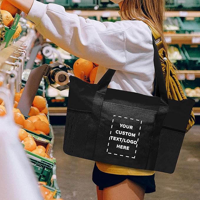 DISCOUNT PROMOS 50 Zippered Non-Woven Tote Bags Set - Customizable Text, Logo - Mesh Pocket, Zippered, Recyclable, Reusable - Black - 19"X14"X3", with Zipper