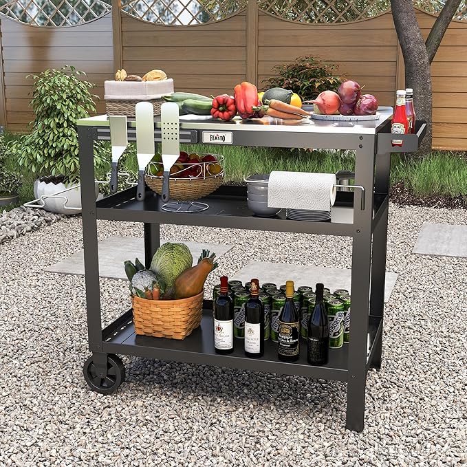 31.5"x18" Outdoor Grill Cart with Stainless Steel Tabletop, Movable Grill Table with Seasoning Rack & Magnetic Tools Holder, Backyard BBQ Kitchen Food Prep Table for Portable Grill & Pizza Oven