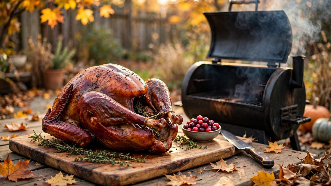 Whole smoked turkey with mahogany crispy skin on a cutting board next to a smoker in an autumn backyard