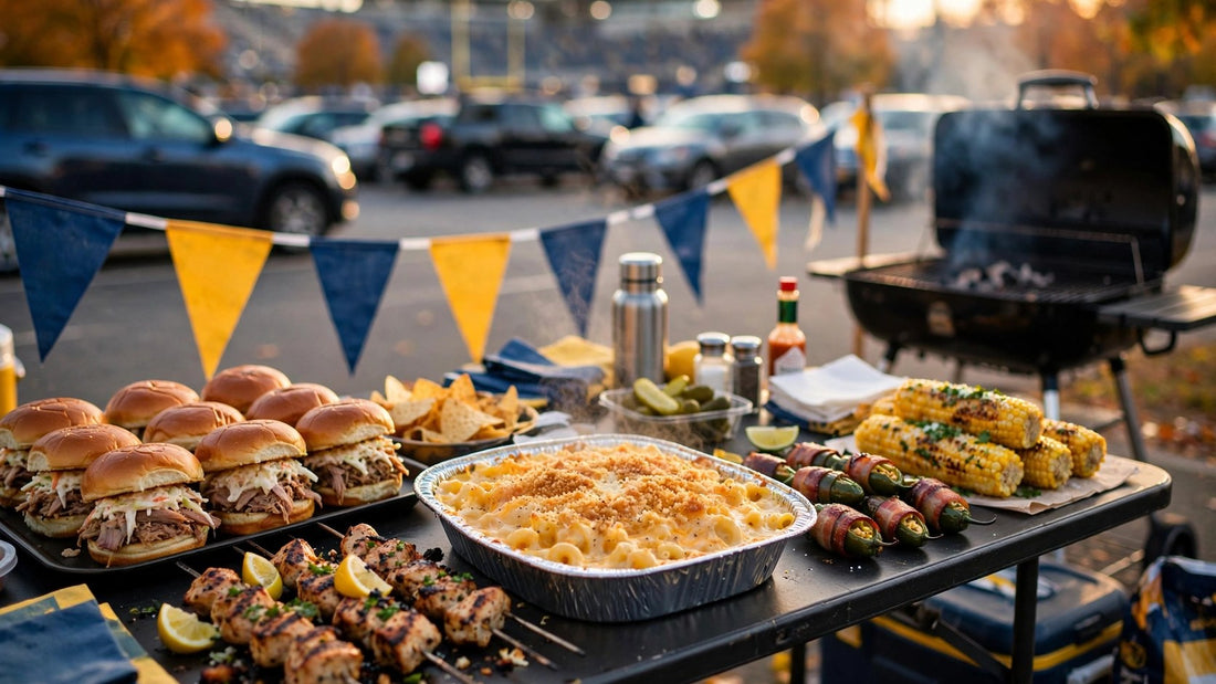 Tailgate party food spread with sliders, smoked mac and cheese, grilled skewers and corn in a stadium parking lot