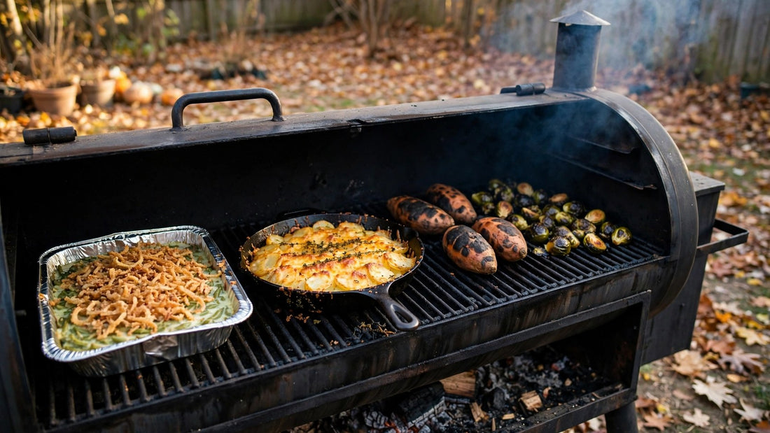 Thanksgiving side dishes on an offset smoker outdoors: green bean casserole, scalloped potatoes in cast iron, charred sweet potatoes and Brussels sprouts in autumn