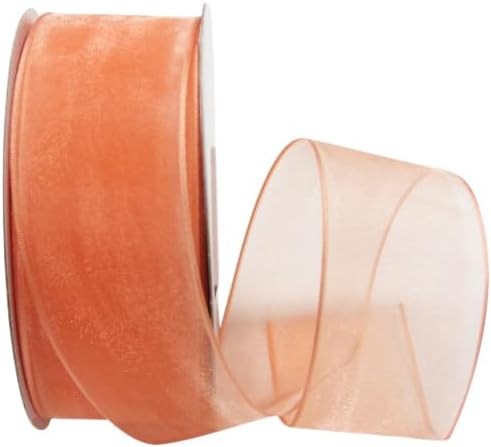 Ribbon Bazaar Sheer Organza Wired Ribbon - 100% Polyester Wire Edged Ribbon for Floral Decor, Table Arrangements, Apparel Embellishment & More - 1-1/2" Peach 25yd