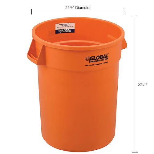 Global Industrial Commercial Round Trash Can, 32 Gallon Capacity, Plastic Garbage Can, Indoor and Outdoor Utility Trash Can, Bright Orange, 21-3/4"W x 27-1/2"H, No Lid