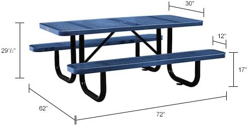 Global Industrial 72" Rectangular Picnic Table, Perforated Metal, Thermoplastic Coating, Attached Benches, 1-1/2” Umbrella Pole Hole, Outdoor-Rated, 1000 lbs Capacity, Blue