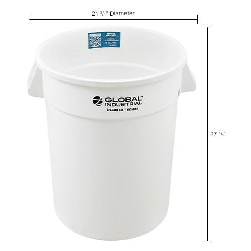 Global Industrial Commercial Round Trash Can, 32 Gallon Capacity, Plastic Garbage Can, Indoor and Outdoor Utility Trash Can, White, 21-3/4"W x 27-1/2"H, No Lid