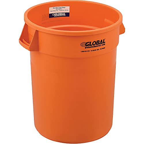 Global Industrial Commercial Round Trash Can, 32 Gallon Capacity, Plastic Garbage Can, Indoor and Outdoor Utility Trash Can, Bright Orange, 21-3/4"W x 27-1/2"H, No Lid