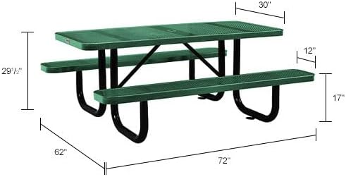 Global Industrial 72" Rectangular Picnic Table, Perforated Metal, Thermoplastic Coating, Attached Benches, 1-1/2” Umbrella Pole Hole, Outdoor-Rated, 1000 lbs Capacity, Green