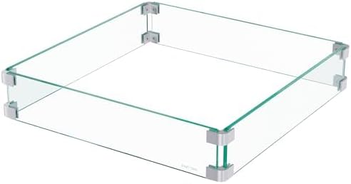 East Oak Glass Wind Guard for 28''&32'' Propane Fire Pit Table, Clear Tempered Wind Guard for Gas Firepit, Thick Rectangle Glass Panel with Aluminum Corner Brackets & Rubber Feet, 20 x 20 x 4 Inch