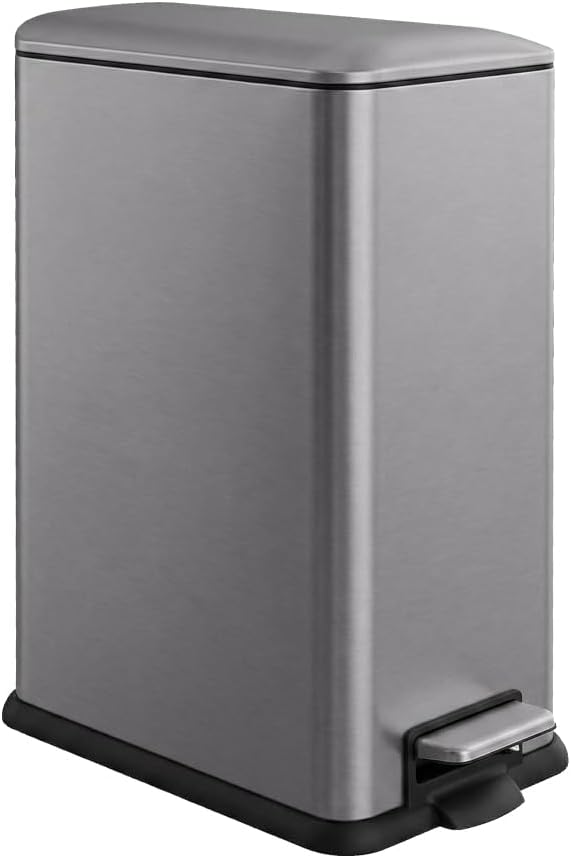 12 Gallon Slim Trash Can Kitchen, Stainless Steel Trash Can with Removal Inner Bucket and Soft-Close Lid, Pedal Garbage Can 45 Liter, Kohler Grey