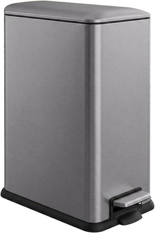 12 Gallon Slim Trash Can Kitchen, Stainless Steel Trash Can with Removal Inner Bucket and Soft-Close Lid, Pedal Garbage Can 45 Liter, Kohler Grey