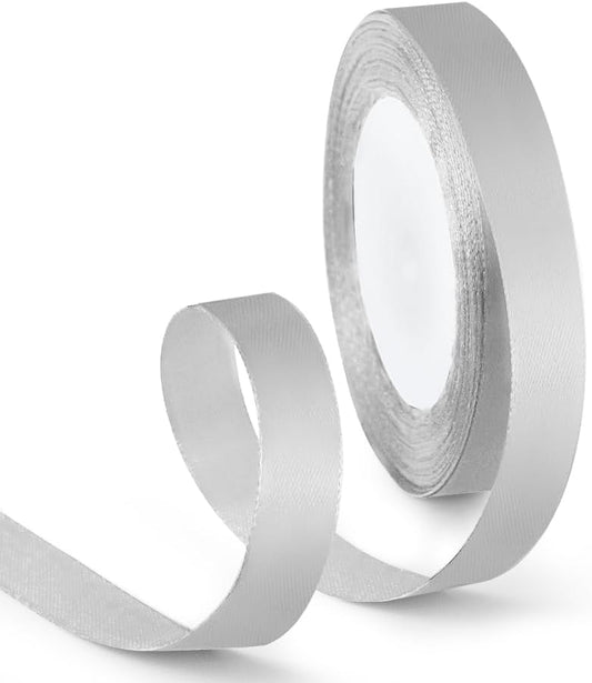 5/8 Inch 25 Yards Satin Ribbon Silver, Solid Color Fabric Ribbon for Gift Wrapping, Wedding, Polyester Gift Ribbon for Birthday Party Decoration, Craft, Hair, Floral, Sewing
