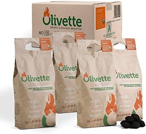Organic Charcoal Briquettes by Olivette, Reusable Charcoal for Grilling, USDA Certified, Recycled Olive Tree Byproduct, Ready to Light, 6.6 lb. Bag Equal to 20 lb. Regular Charcoal, 4-Bag Bulk Case