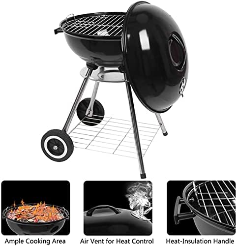 18 Inch Portable Charcoal Grill with Wheels and Lid, Outdoor BBQ Kettle Grill for Camping, Backyard, Tailgating and Picnic, Enamel Coated Charcoal Smoker with One-Touch Cleaning System and Air Vents