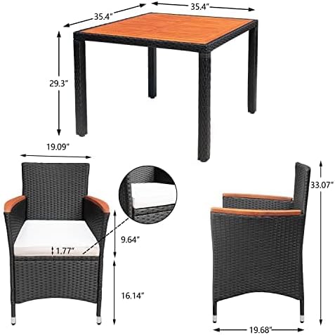 Devoko 5 PCS Furniture, Patio Conversation Set with Acacia Wood Top, Rattan Outdoor Dining Table and Chairs for Backyard, Garden, Deck, Black